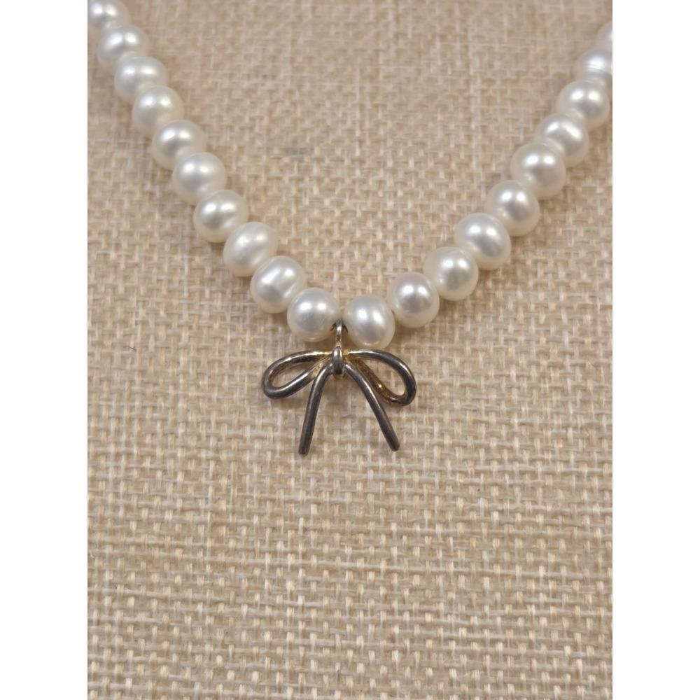 1990s Sterling Silver Bow & Pearl Adjustable Necklace 15-17" - Picture 3 of 6